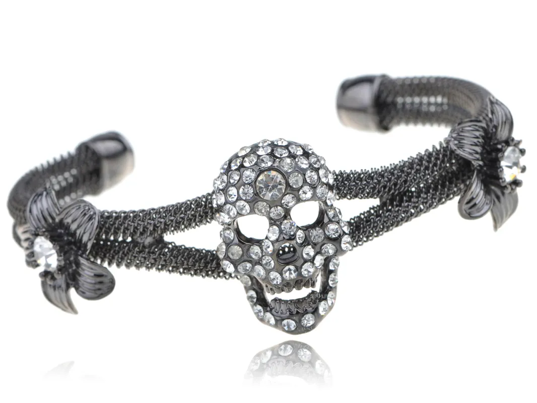 Gun Skull Two Flowers Mesh Cuff Bangle Bracelet sold by Anna-Kaci