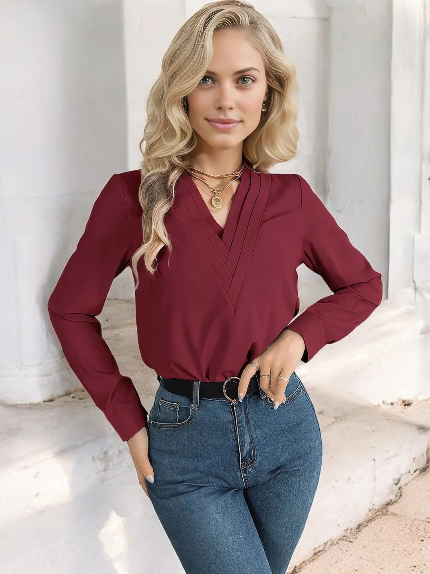 Anna-Kaci Women's Long Sleeve V-Neck Blouse with Layered Trim Detail sold by Anna-Kaci product image thumbnail 4