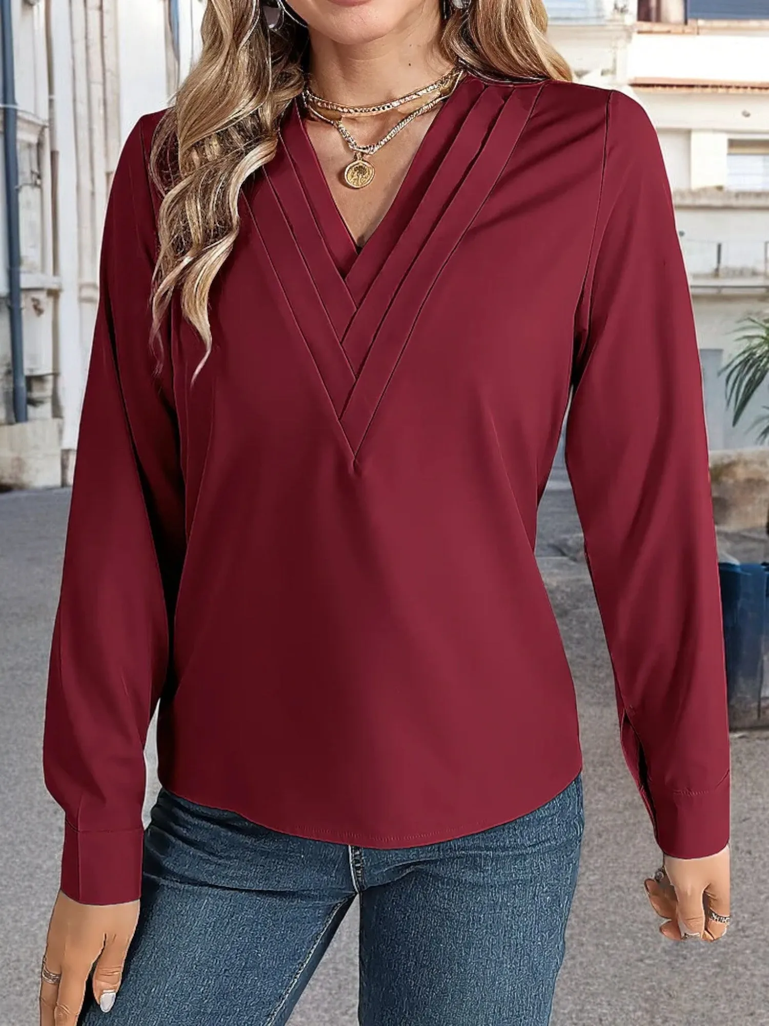 Anna-Kaci Women's Long Sleeve V-Neck Blouse with Layered Trim Detail sold by Anna-Kaci product image thumbnail 5