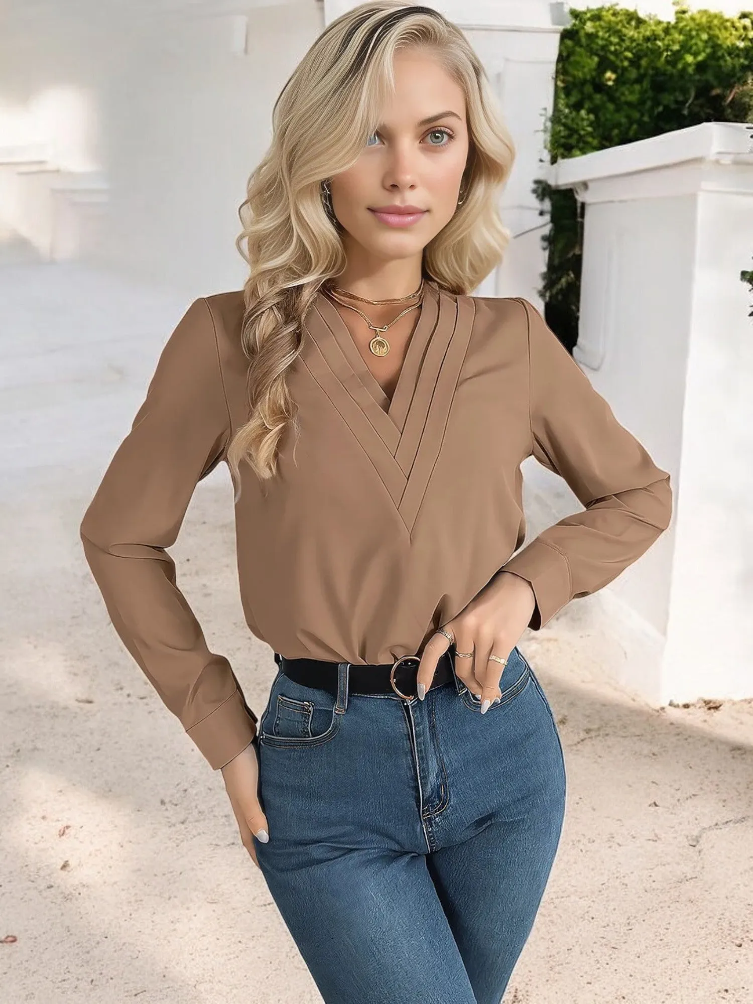 Anna-Kaci Women's Long Sleeve V-Neck Blouse with Layered Trim Detail sold by Anna-Kaci product image thumbnail 2