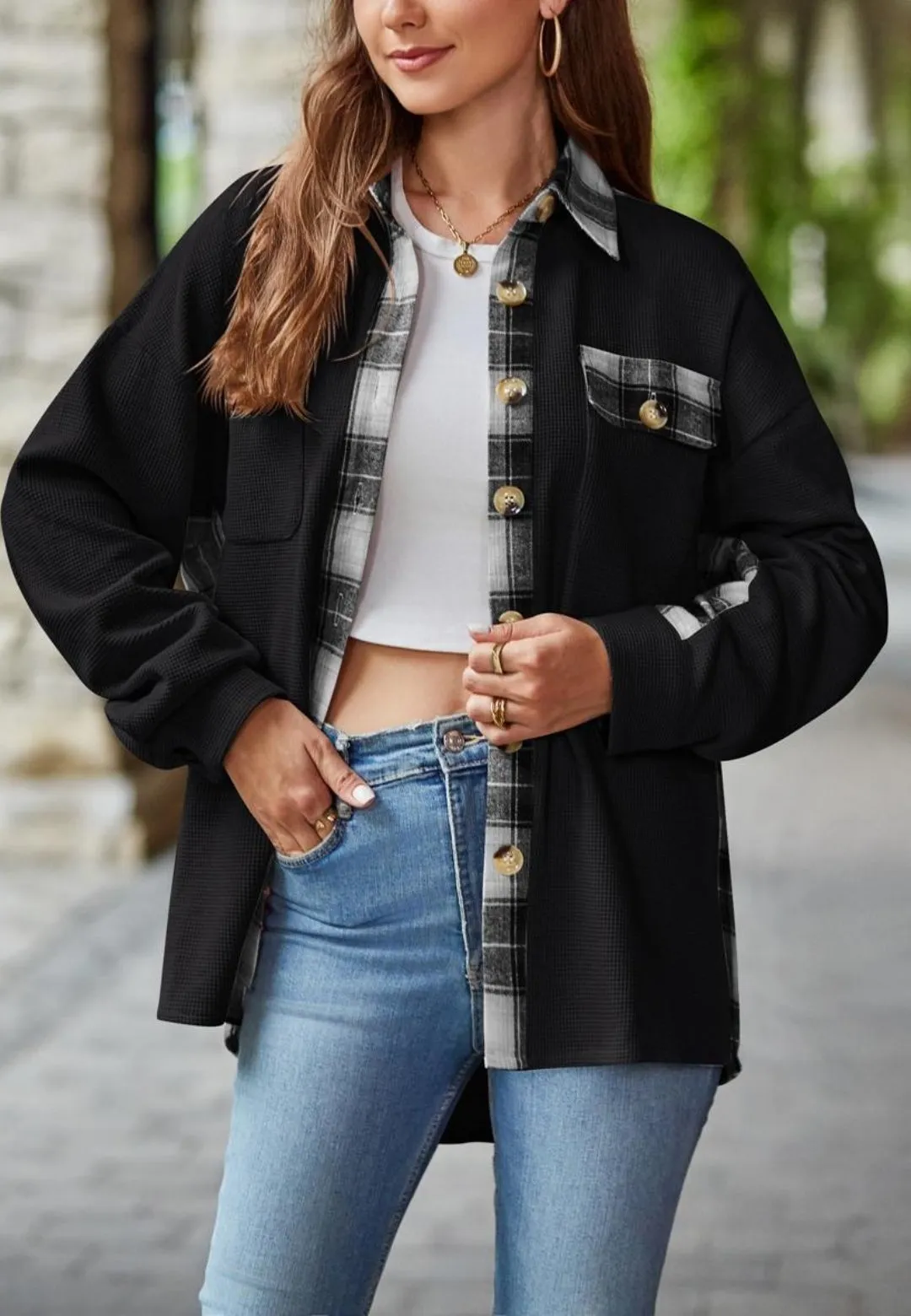 Plaid Print Detail Shacket sold by Anna-Kaci