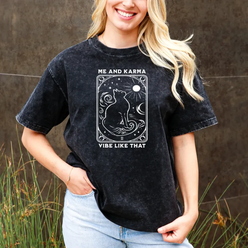 Me & Karma Vibe Like That - Mystic Cat Tarot T-Shirt - Sunrise Morning Vibe, Sun Rise, Astrological, Cat Lover, Retro Gothic Tee sold by Anna-Kaci