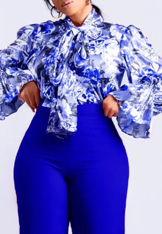 Tie Neck Rose Print Blouse sold by Anna-Kaci