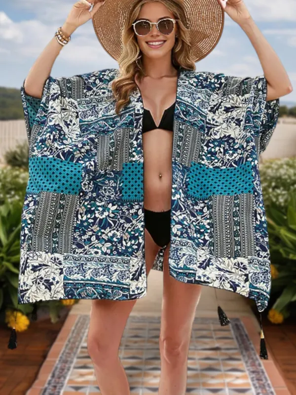 Anna-Kaci Women's Boho Patchwork Kimono Cardigan with Tassel Details and Relaxed Fit sold by Anna-Kaci