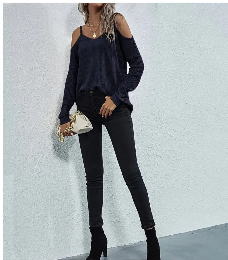 Cold Shoulder Waffle Knit Top sold by Anna-Kaci
