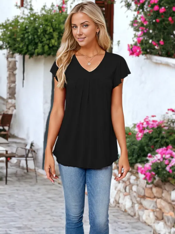 V-Neck Flutter Sleeved Two Layer Mesh Detail Blouse sold by Anna-Kaci
