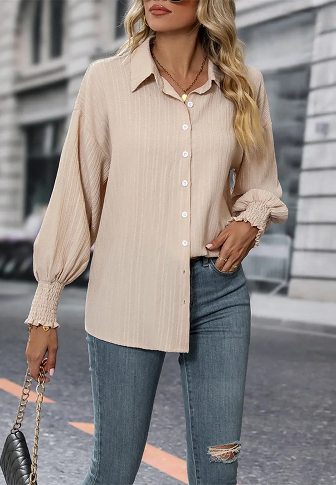 Striped Pattern Shirred Cuff Shirt sold by Anna-Kaci