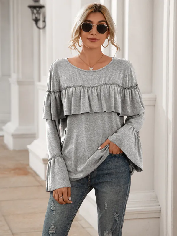 Ruffle Chest Long Sleeve Top sold by Anna-Kaci