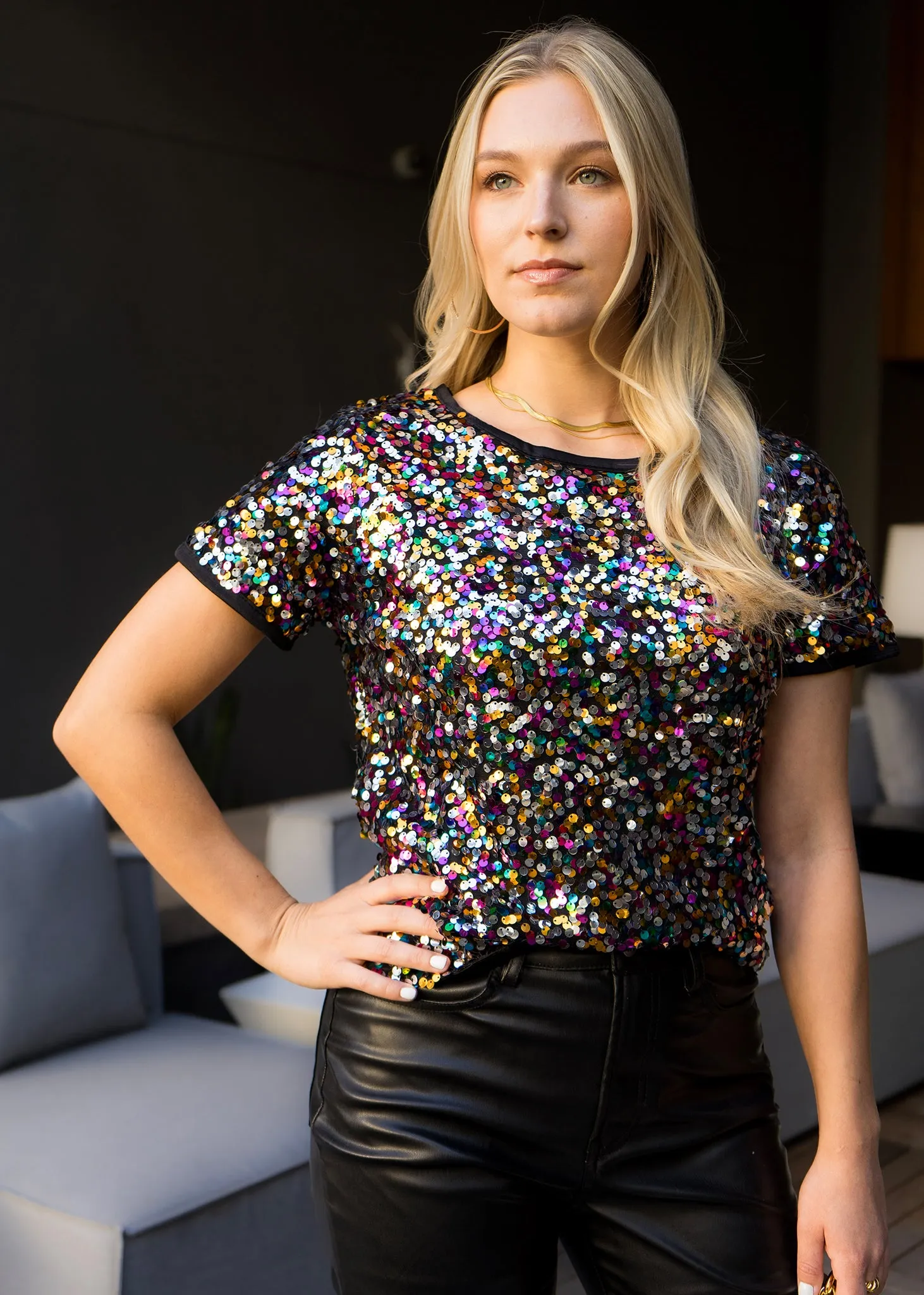 Sequin Short Sleeve Sparkly Shirt Round Neck Blouse sold by Anna-Kaci product image thumbnail 3