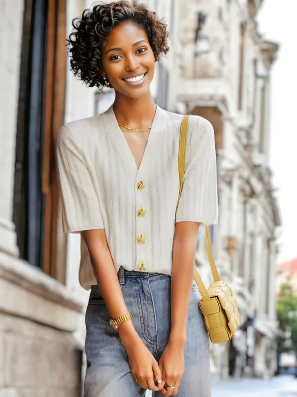 Star Buttons Knitted Sweater Cardigan Short-Sleeved V-Neck Top sold by Anna-Kaci