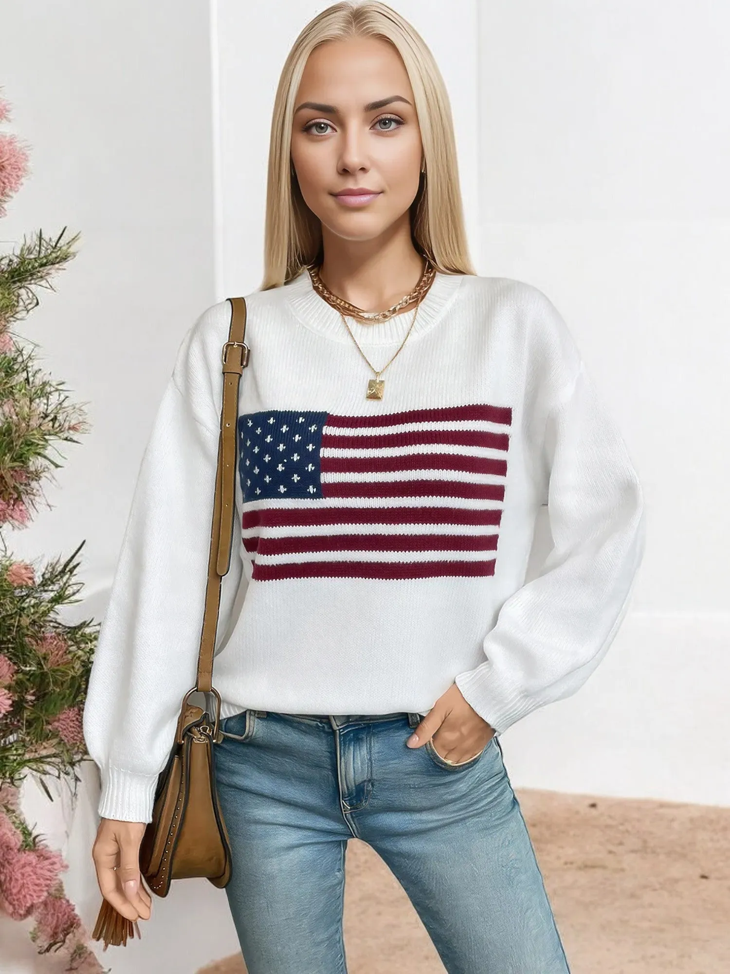 Anna-Kaci Women's American Flag Knit Sweater with Crew Neck and Long Sleeves sold by Anna-Kaci product image thumbnail 3