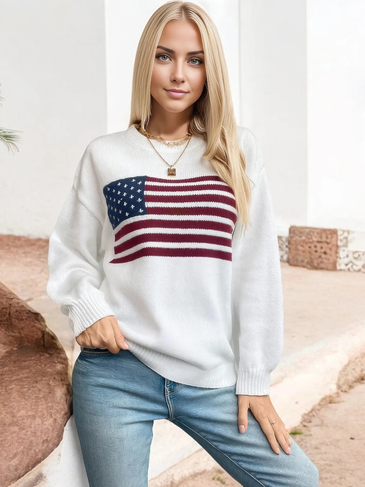 Anna-Kaci Women's American Flag Knit Sweater with Crew Neck and Long Sleeves sold by Anna-Kaci