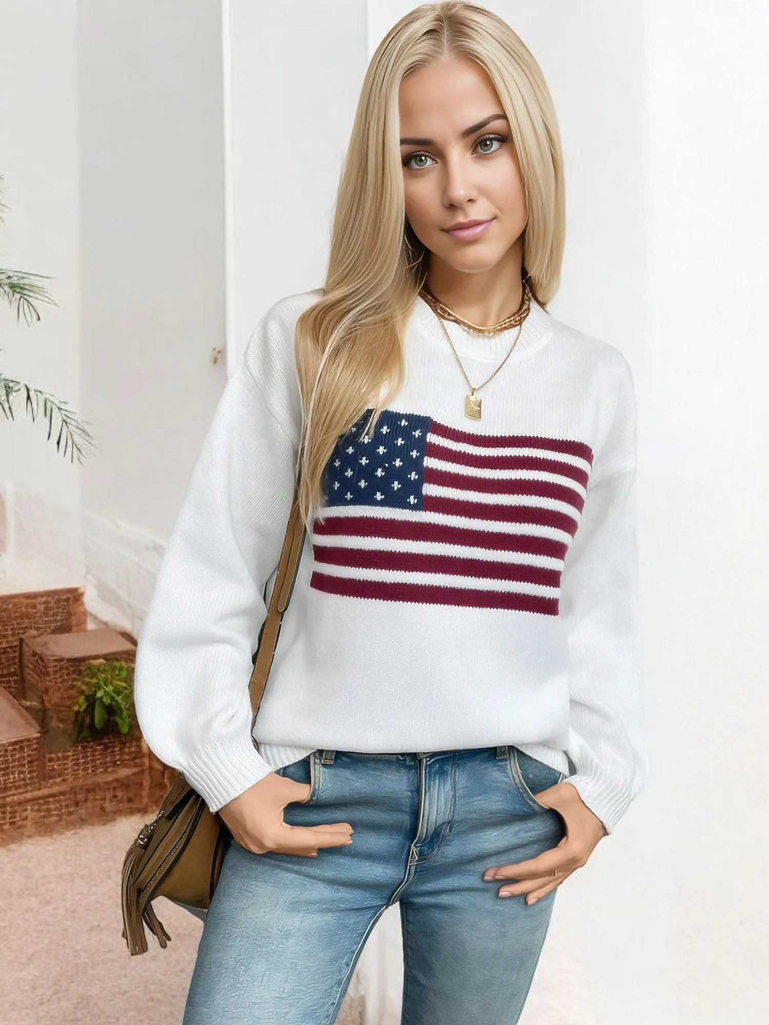 Anna-Kaci Women's American Flag Knit Sweater with Crew Neck and Long Sleeves sold by Anna-Kaci product image thumbnail 2