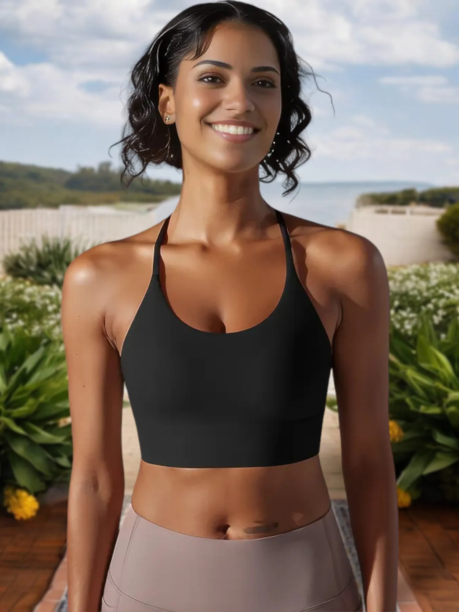 Women's Strappy Back Sports Bra with Scoop Neckline and Padded Support sold by Anna-Kaci product image thumbnail 2