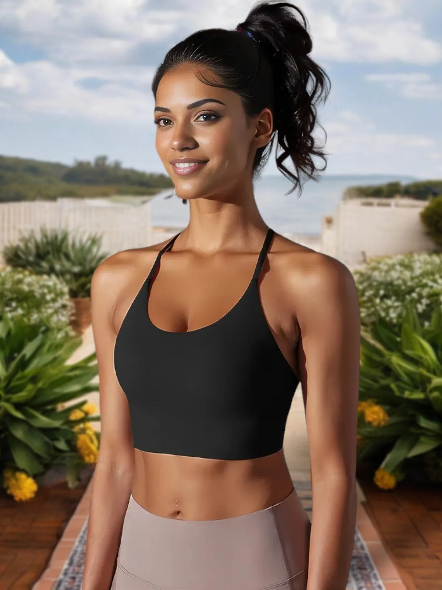 Women's Strappy Back Sports Bra with Scoop Neckline and Padded Support sold by Anna-Kaci product image thumbnail 3