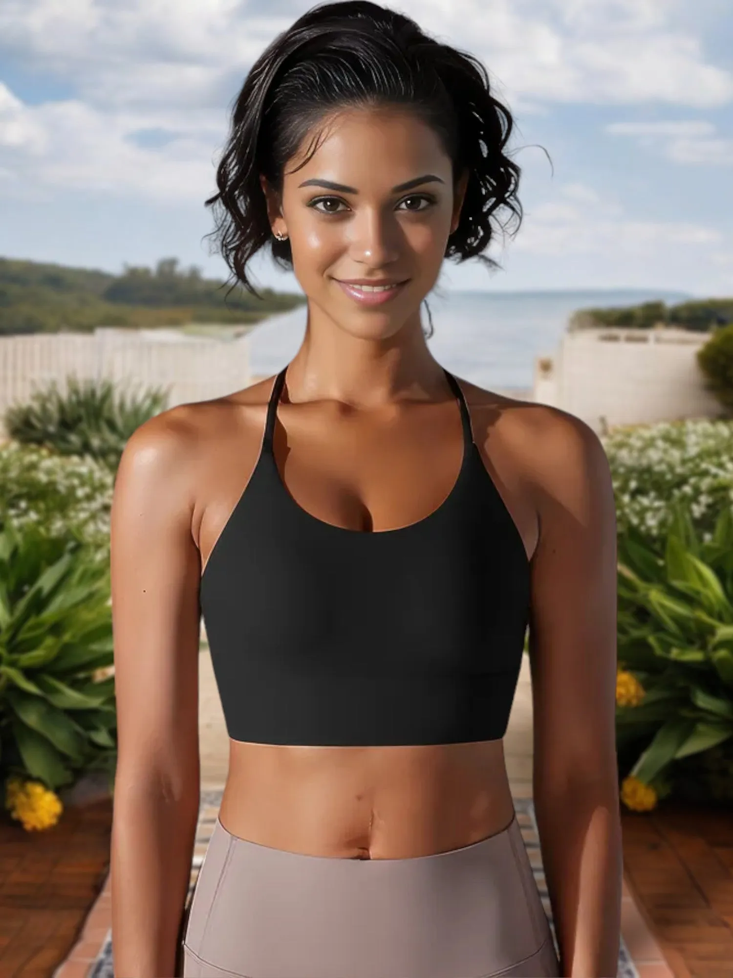 Women's Strappy Back Sports Bra with Scoop Neckline and Padded Support sold by Anna-Kaci