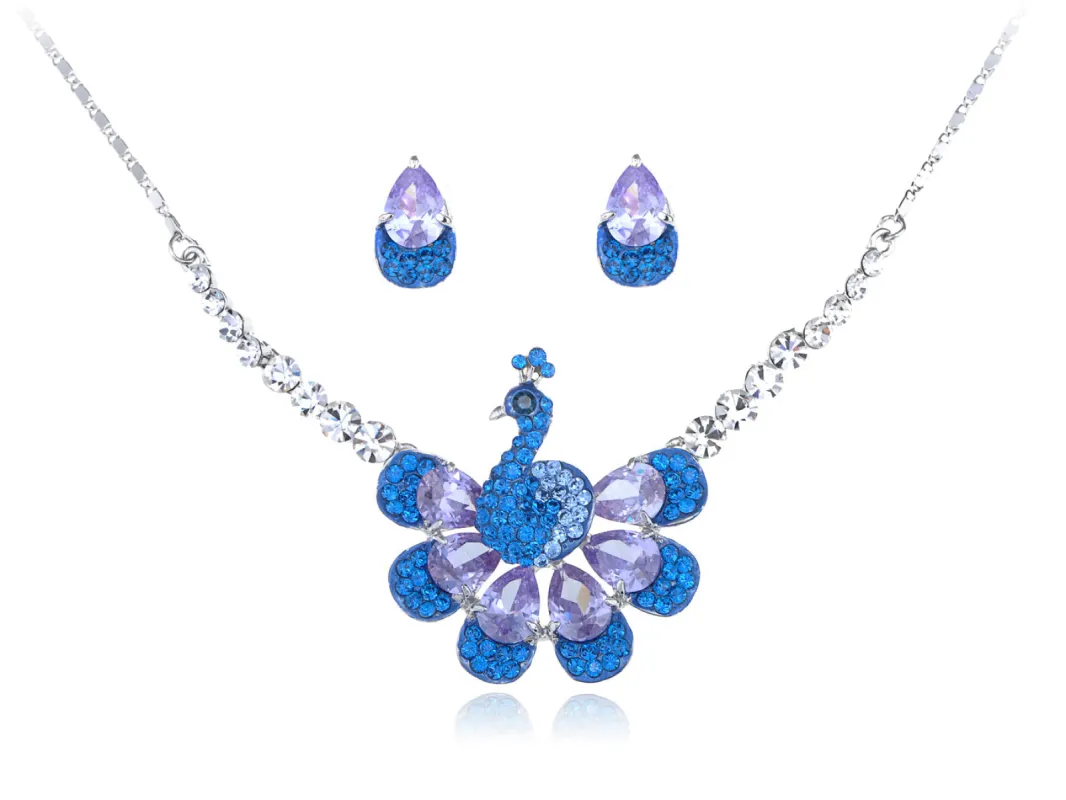 Swarovski Crystal Sapphire Purple Attentive Peacock Element Earring Necklace Set sold by Anna-Kaci
