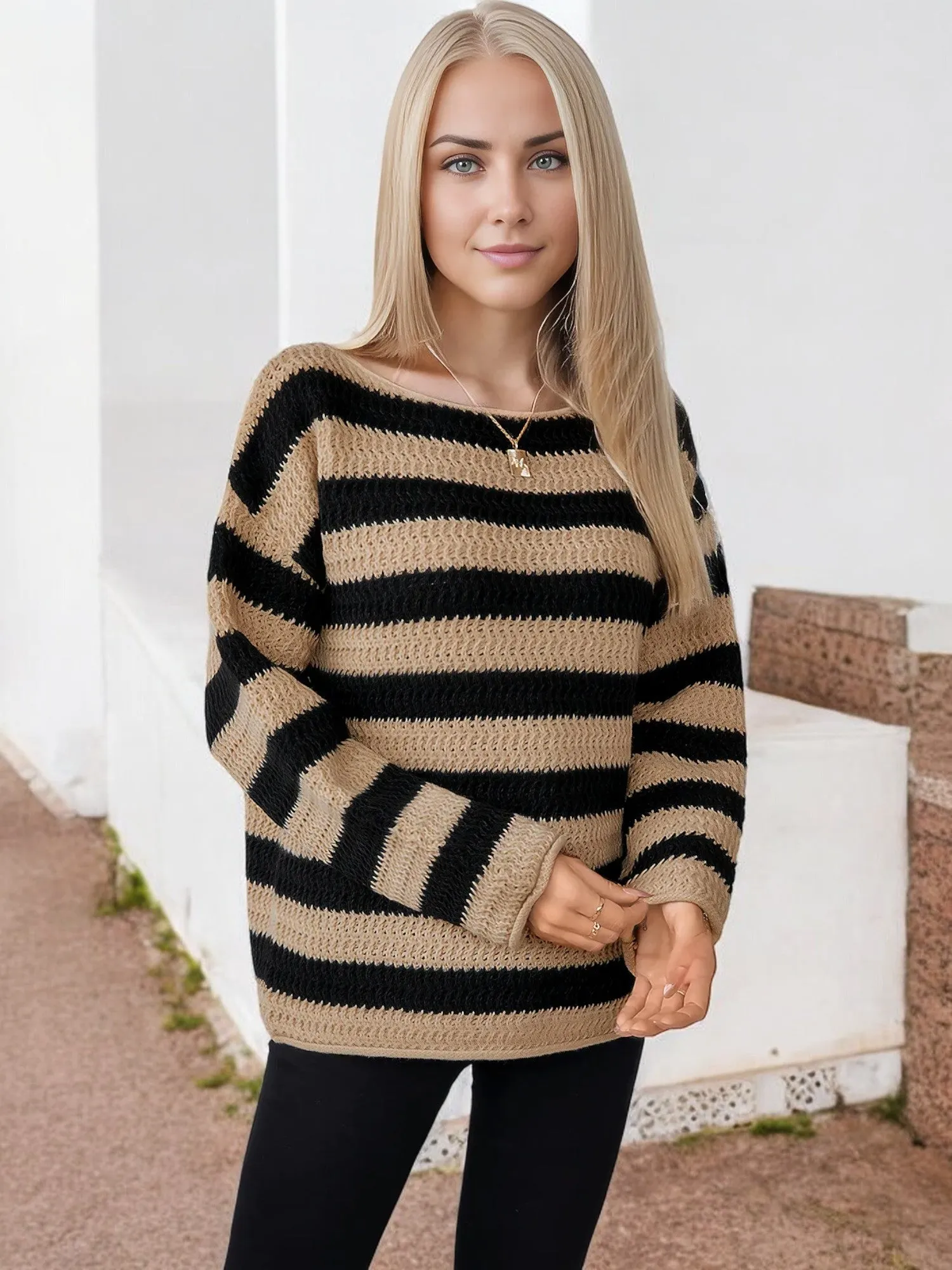 Anna-Kaci Women's Striped Knit Sweater with Boat Neck and Long Sleeves sold by Anna-Kaci product image thumbnail 3