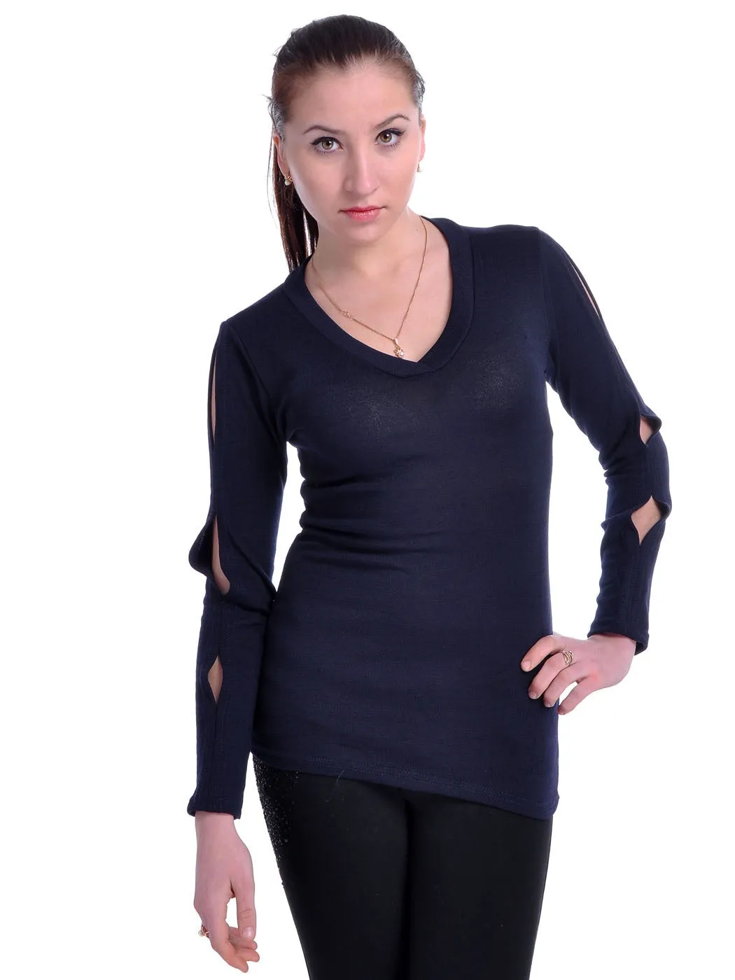 Dark Navy Blue Vertical Triple Slash Open Sleeves Pullover Top sold by Anna-Kaci