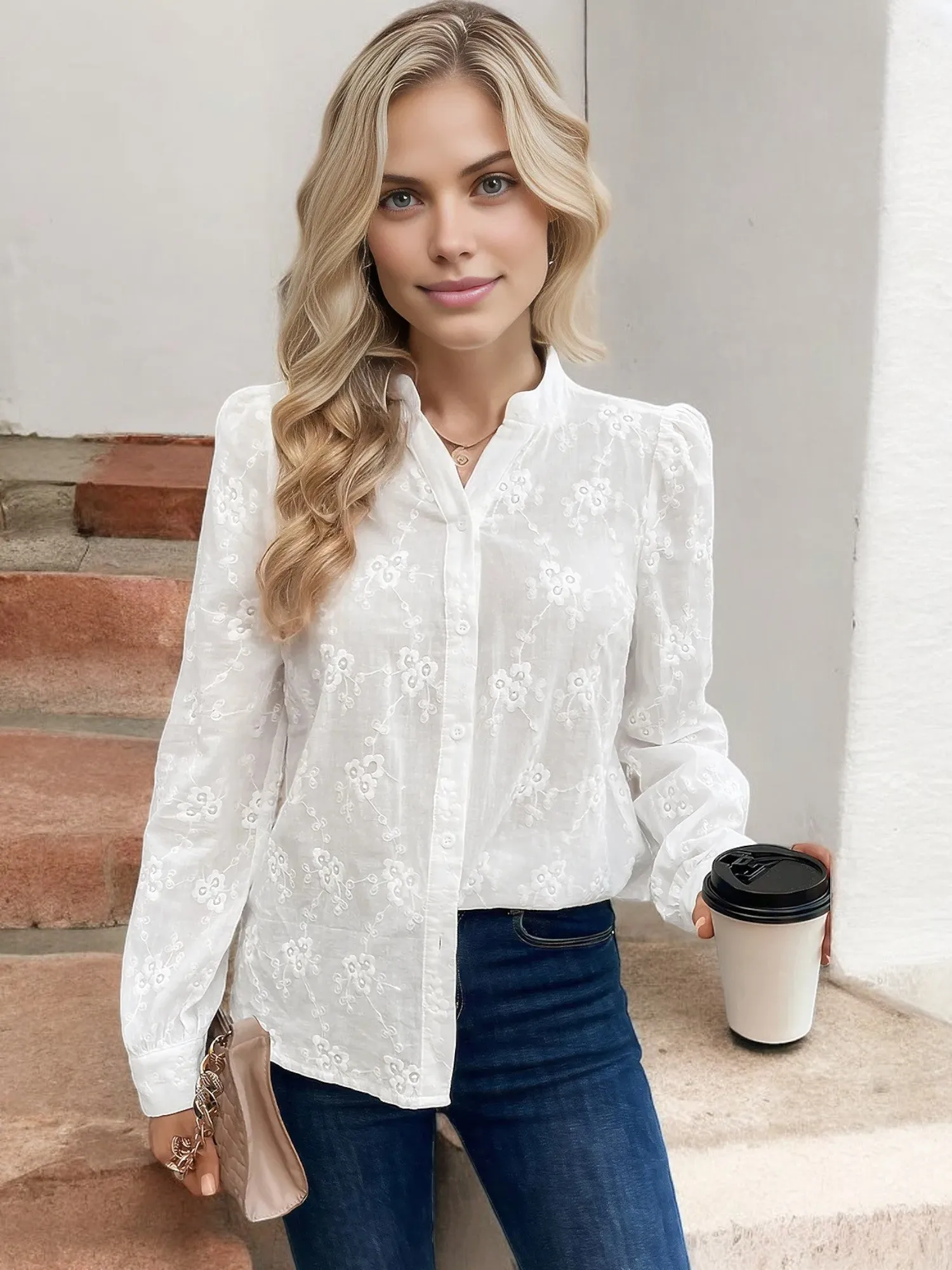 Anna-Kaci Women's Long Sleeve Embroidered Button-Down Shirt with Puff Shoulders sold by Anna-Kaci product image thumbnail 3
