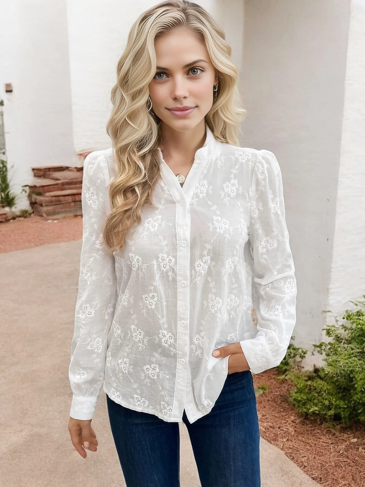 Anna-Kaci Women's Long Sleeve Embroidered Button-Down Shirt with Puff Shoulders sold by Anna-Kaci product image thumbnail 4