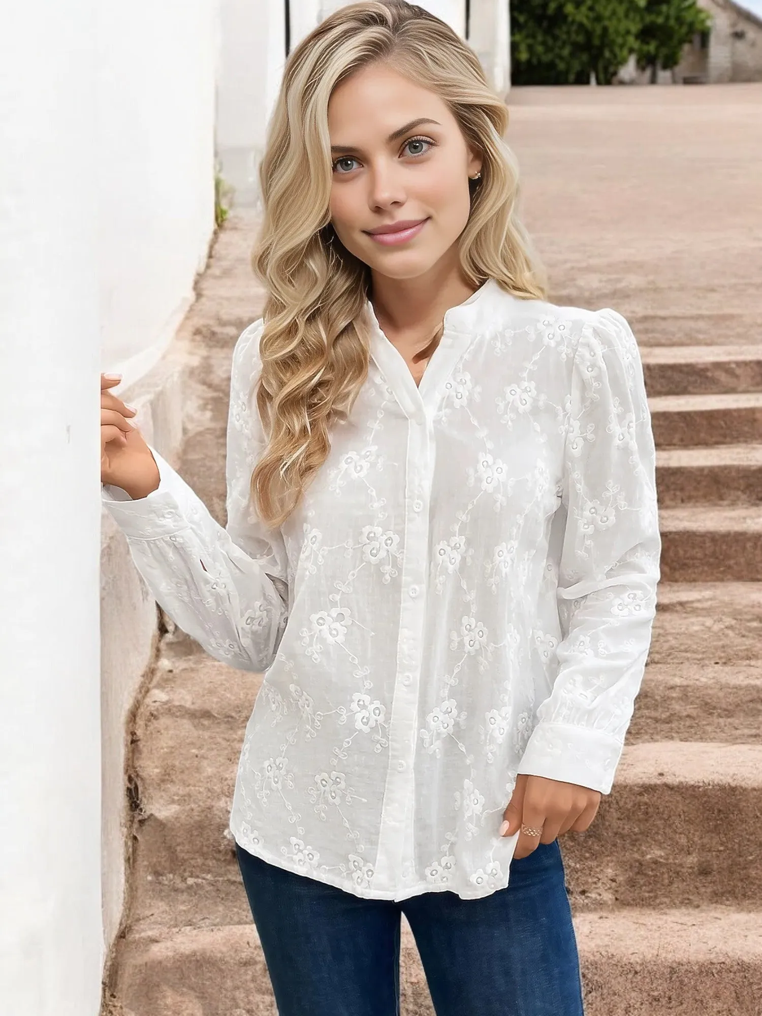 Anna-Kaci Women's Long Sleeve Embroidered Button-Down Shirt with Puff Shoulders sold by Anna-Kaci
