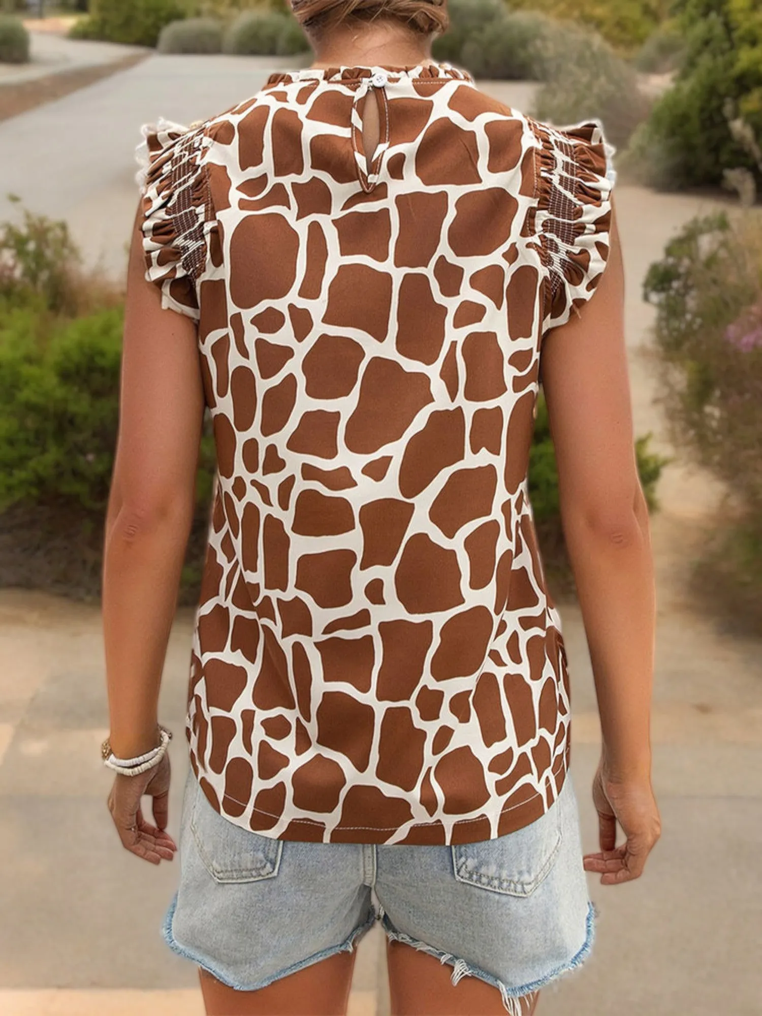 Sleeveless Ruffle Trim Top with Giraffe Print and Crew Neck sold by Anna-Kaci product image thumbnail 5