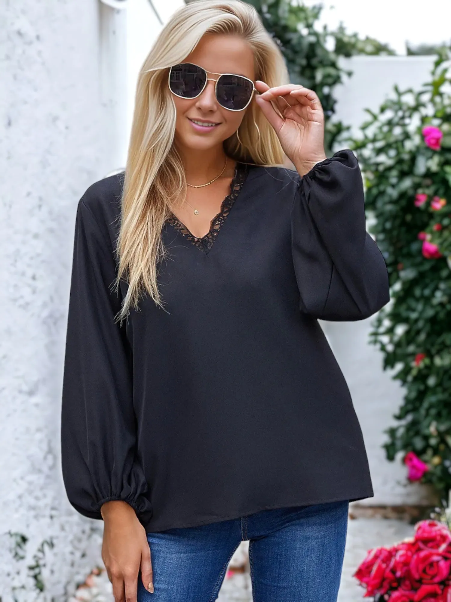 Solid Color Lace Trim Blouse sold by Anna-Kaci product image thumbnail 3