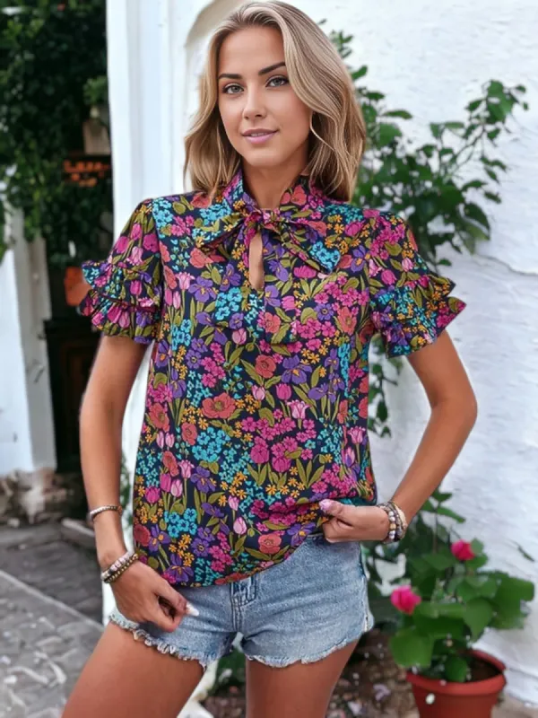 Floral Printed Tie Neck Ruffle Sleeve Blouse made by Anna-Kaci