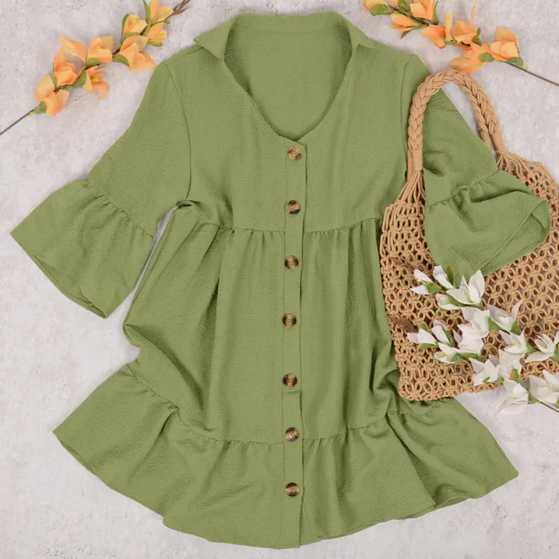 Button Down Ruffle Tier Short Dress sold by Anna-Kaci