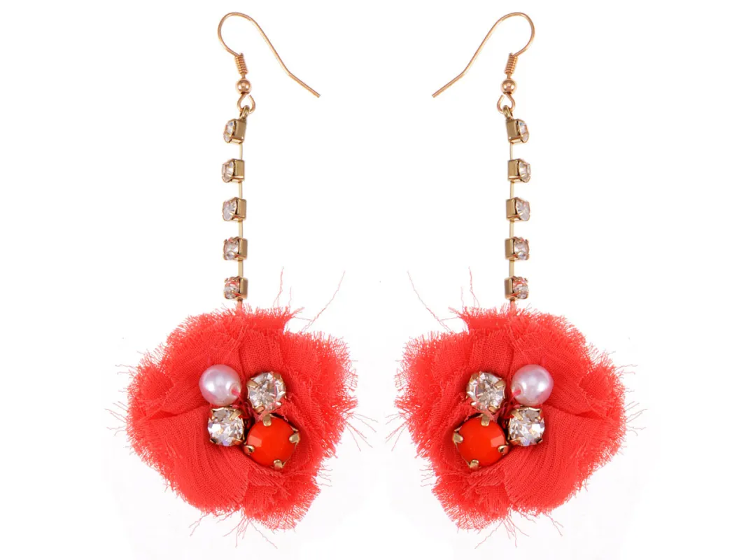 Element Gold Floral Coral Pink Fuzzy Fabric Ball Dangle Earring sold by Anna-Kaci
