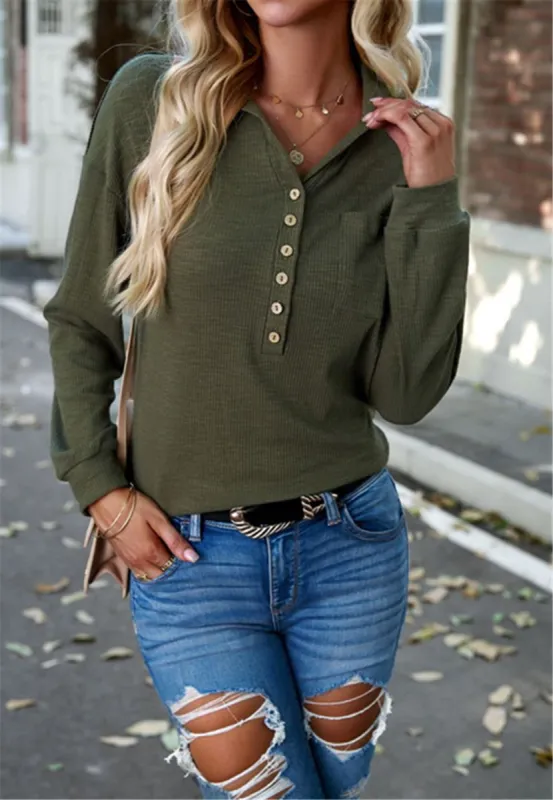 Ribbed Knit Collared Henley Shirt sold by Anna-Kaci