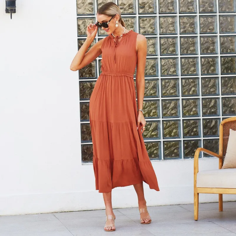 Tie Neck Solid Maxi Dress sold by Anna-Kaci