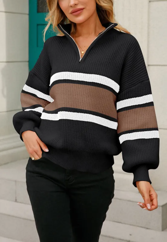 Zip Front Striped Detail Sweater sold by Anna-Kaci