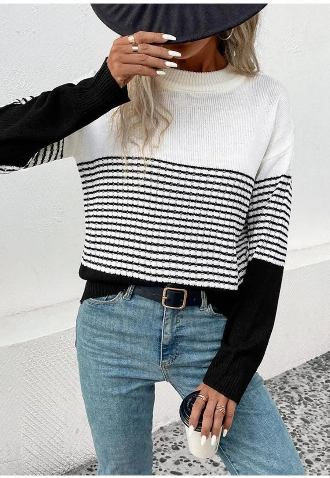 Mock Neck Stripe Color Blocked Drop Shoulder Pullover Sweater sold by Anna-Kaci