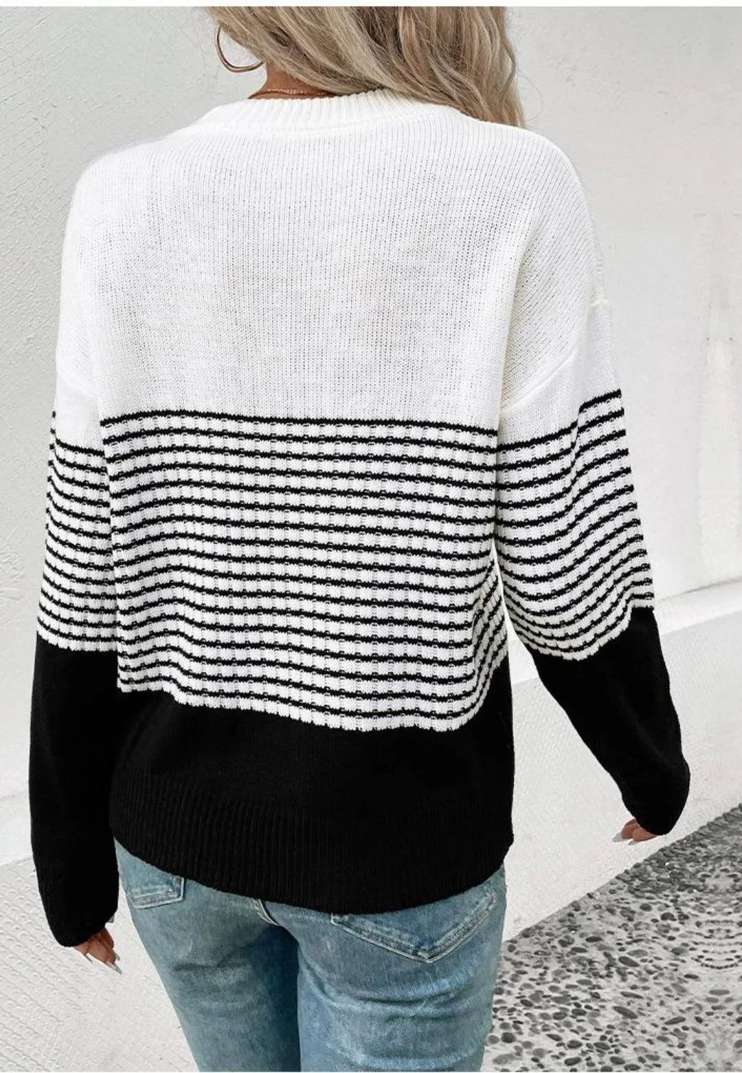 Mock Neck Stripe Color Blocked Drop Shoulder Pullover Sweater sold by Anna-Kaci product image thumbnail 4