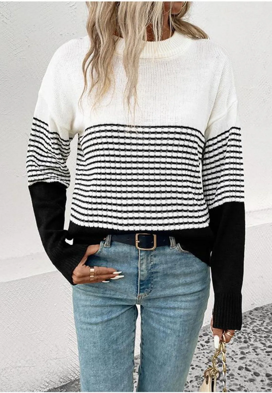 Mock Neck Stripe Color Blocked Drop Shoulder Pullover Sweater sold by Anna-Kaci product image thumbnail 5