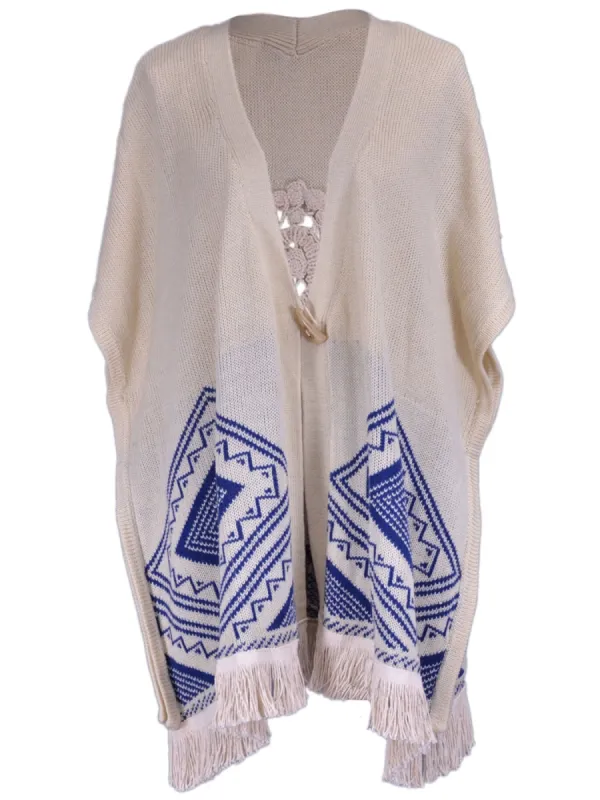 Pink Owl Brand Aztec Tribal Pattern Large Throw Fringe Poncho w Embroidered Back sold by Anna-Kaci