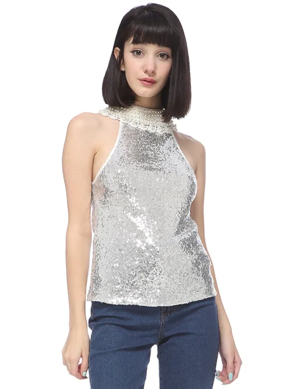 Pearl Embroidered Collar Sequin Halter Top sold by Anna-Kaci