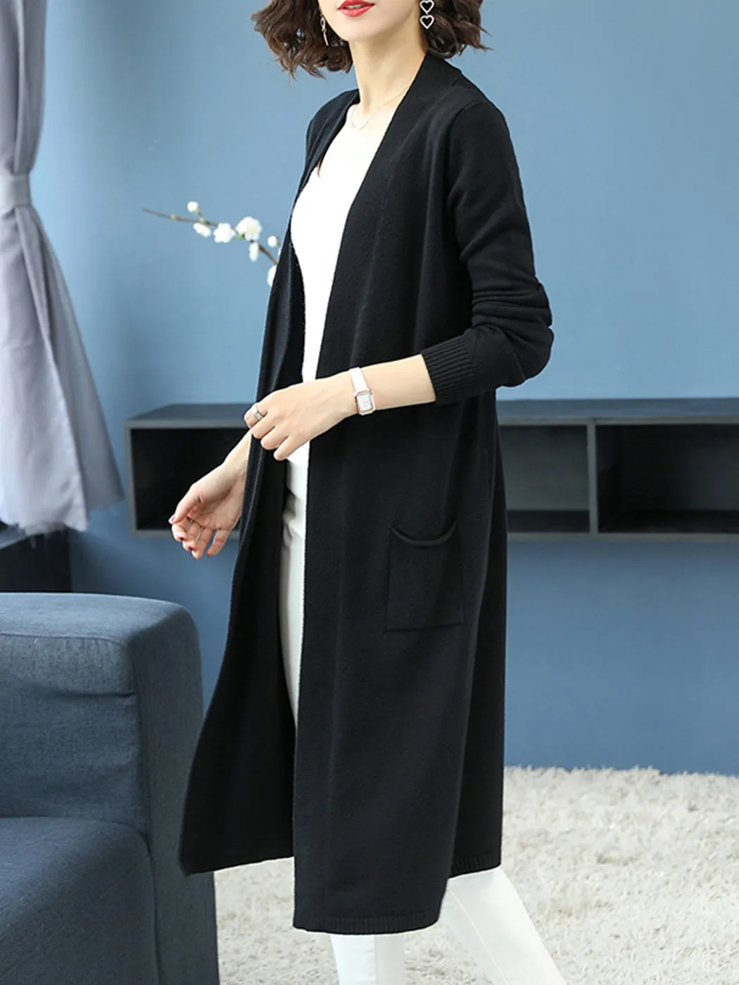 Open Front Knit Long Sleeve Slits Drape Duster Coat Cardigan Sweater with Pockets sold by Anna-Kaci product image thumbnail 2