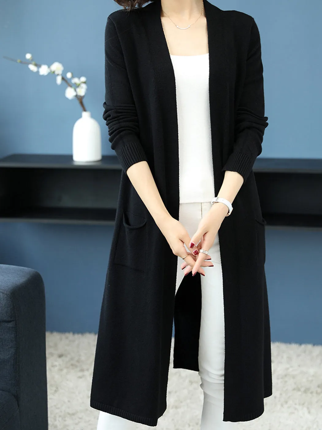 Open Front Knit Long Sleeve Slits Drape Duster Coat Cardigan Sweater with Pockets sold by Anna-Kaci product image thumbnail 3