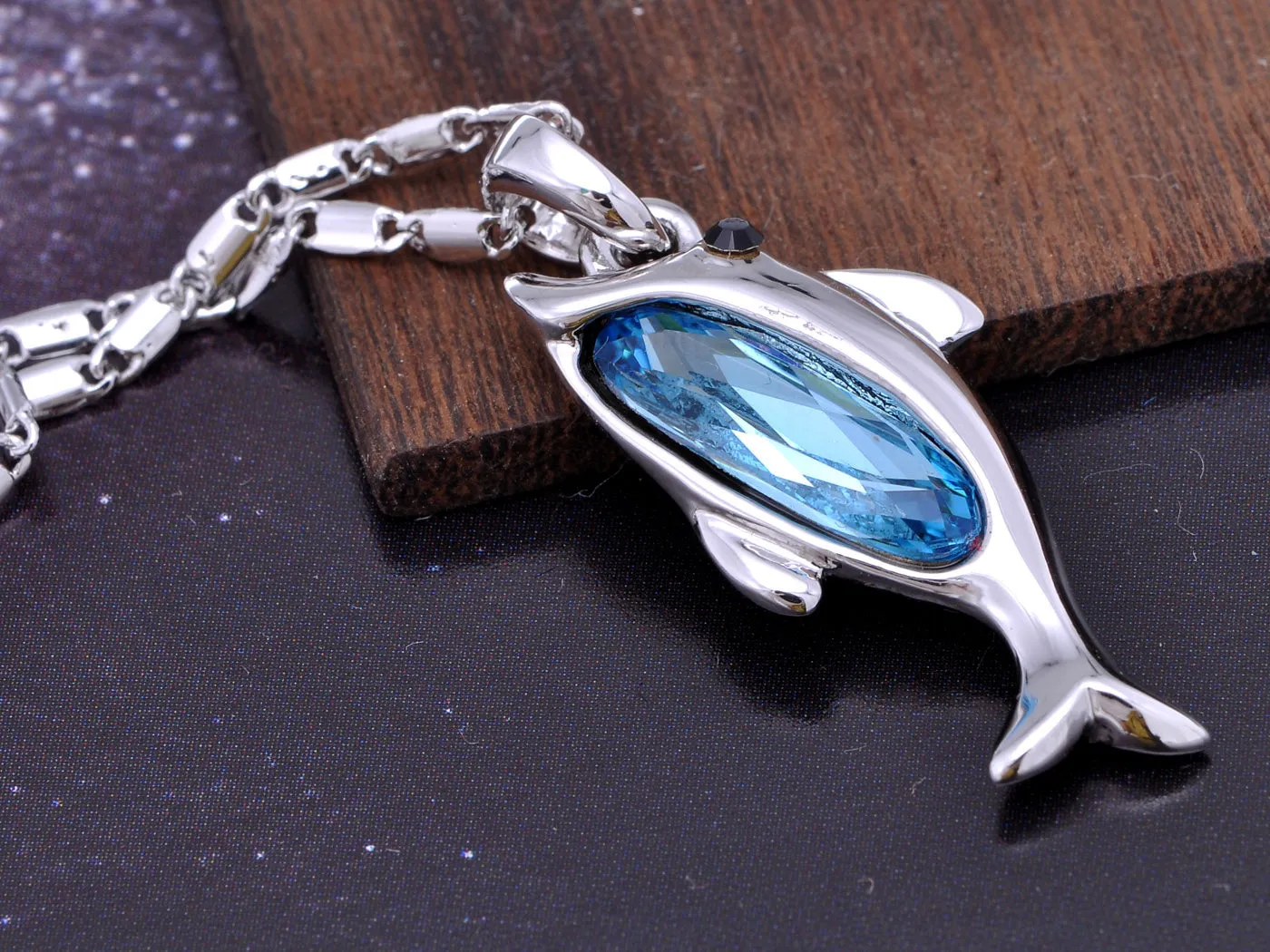 Swarovski Crystal Elements Aquamarine Silver Dolphin Fish Necklace sold by Anna-Kaci product image thumbnail 2