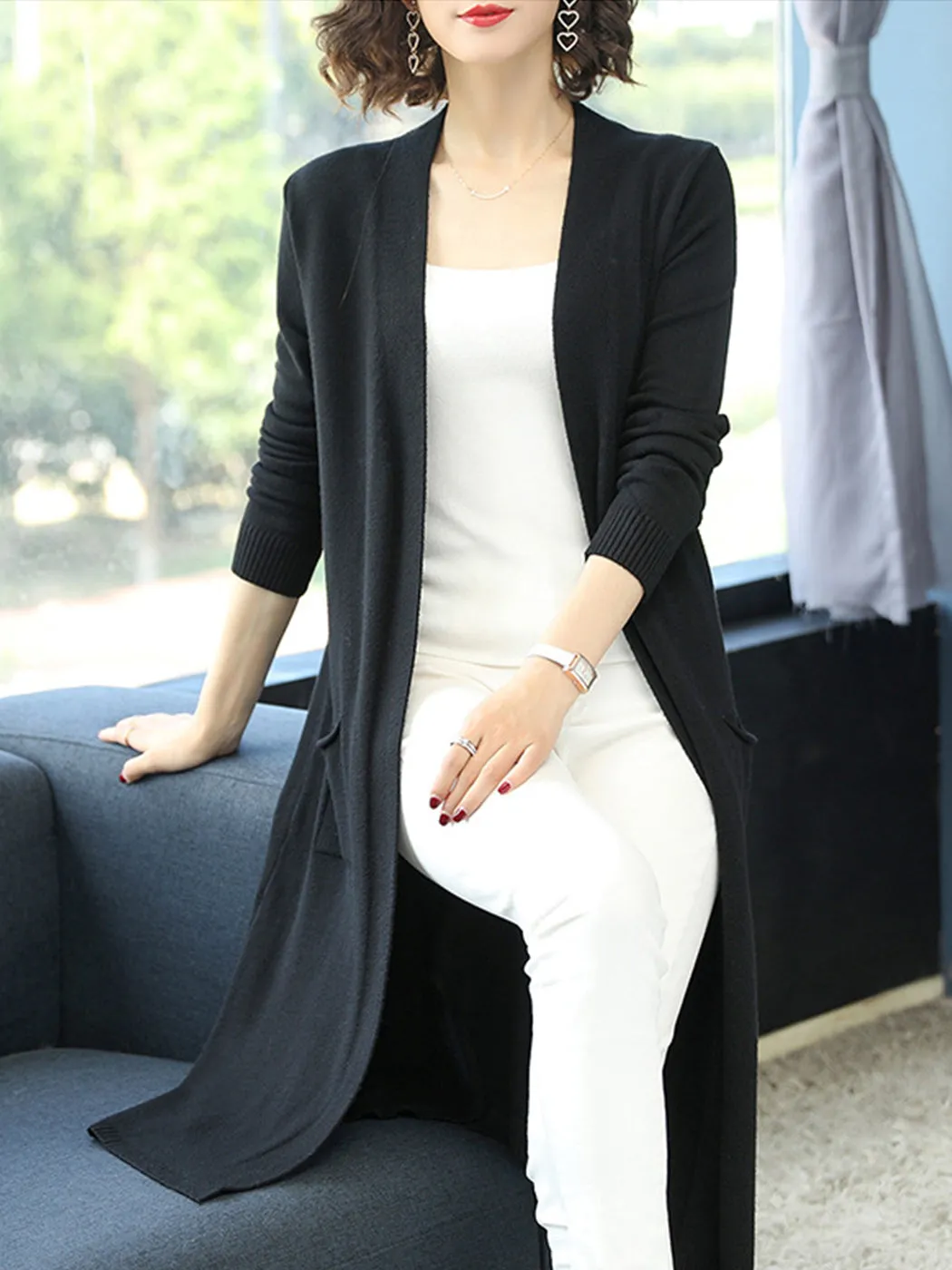Open Front Knit Long Sleeve Slits Drape Duster Coat Cardigan Sweater with Pockets sold by Anna-Kaci product image thumbnail 4