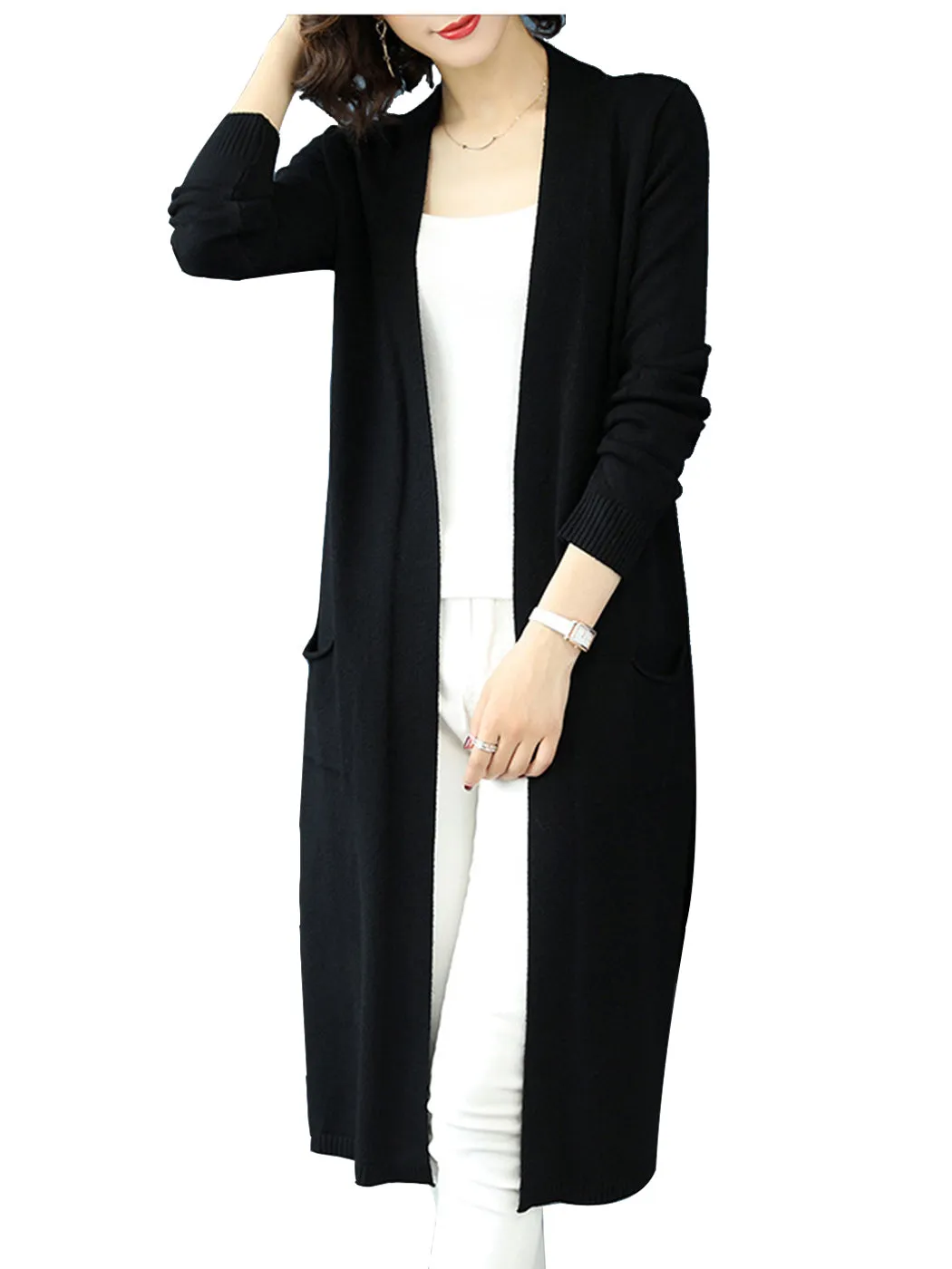 Open Front Knit Long Sleeve Slits Drape Duster Coat Cardigan Sweater with Pockets sold by Anna-Kaci