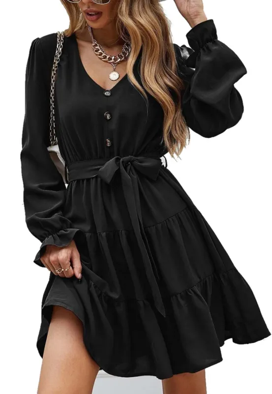 Anna-Kaci Women's Ruffle Chiffon V-Neck Long Elastic Bell Sleeves Beltd Midi Flowy Swing Skater Dress sold by Anna-Kaci