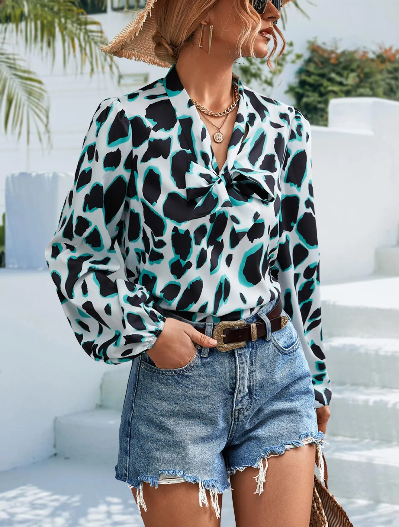 Tie V Neck Long Sleeve Blouse sold by Anna-Kaci product image thumbnail 2