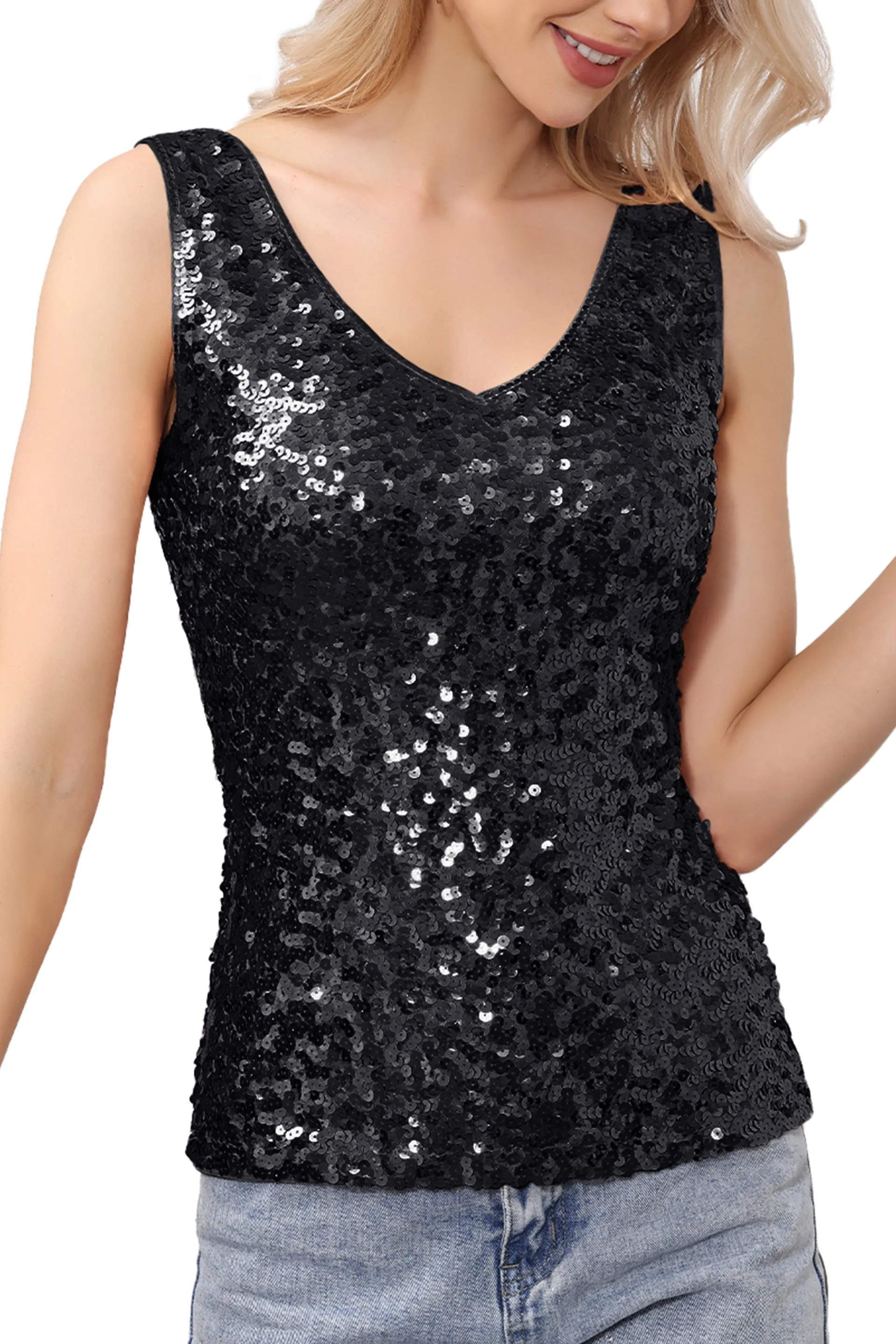 Anna-Kaci Women's Sparkly V-Neck Sequin Tank Tops Sleeveless Sexy Glitter Disco Club Party Vest sold by Anna-Kaci
