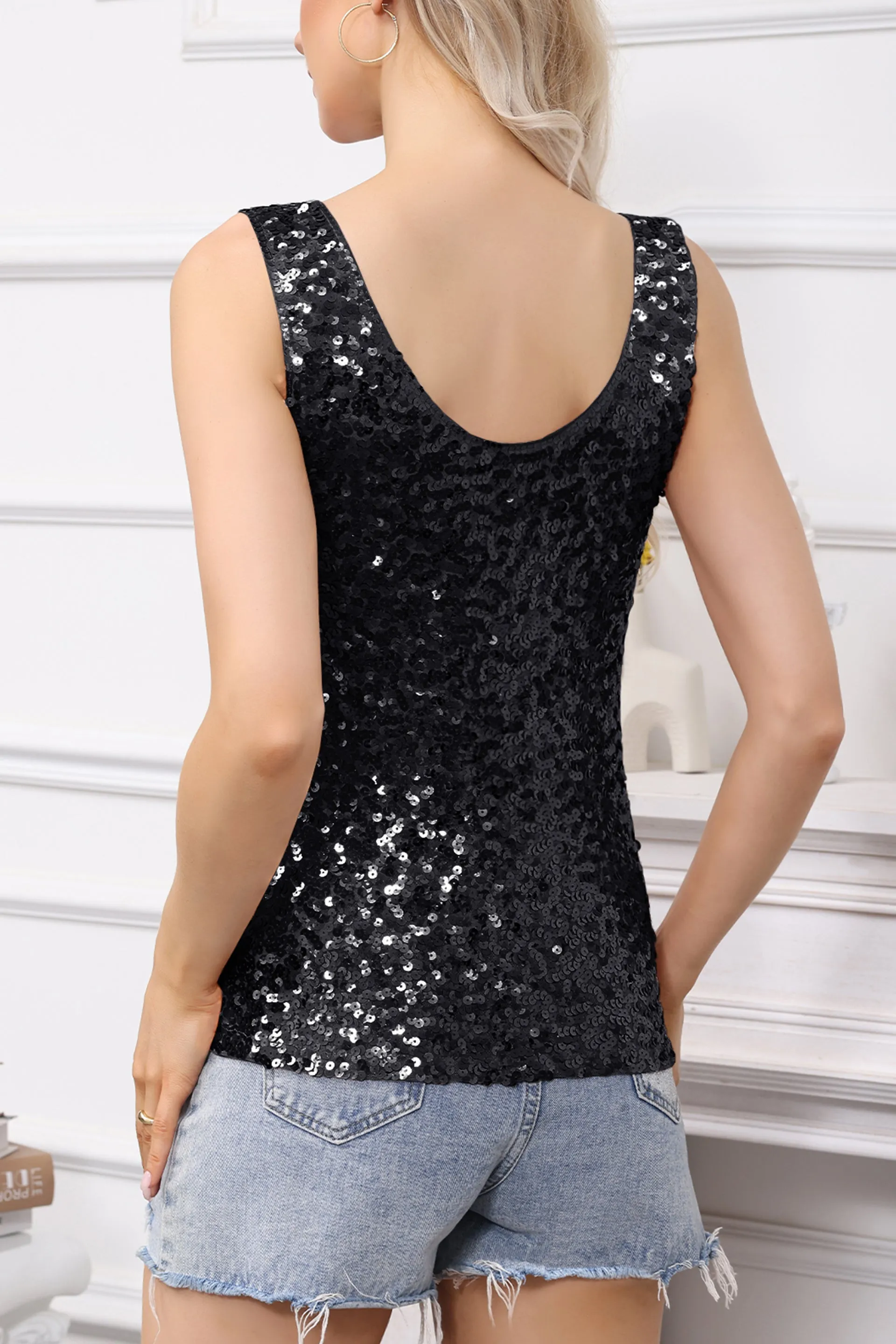 Anna-Kaci Women's Sparkly V-Neck Sequin Tank Tops Sleeveless Sexy Glitter Disco Club Party Vest sold by Anna-Kaci product image thumbnail 5