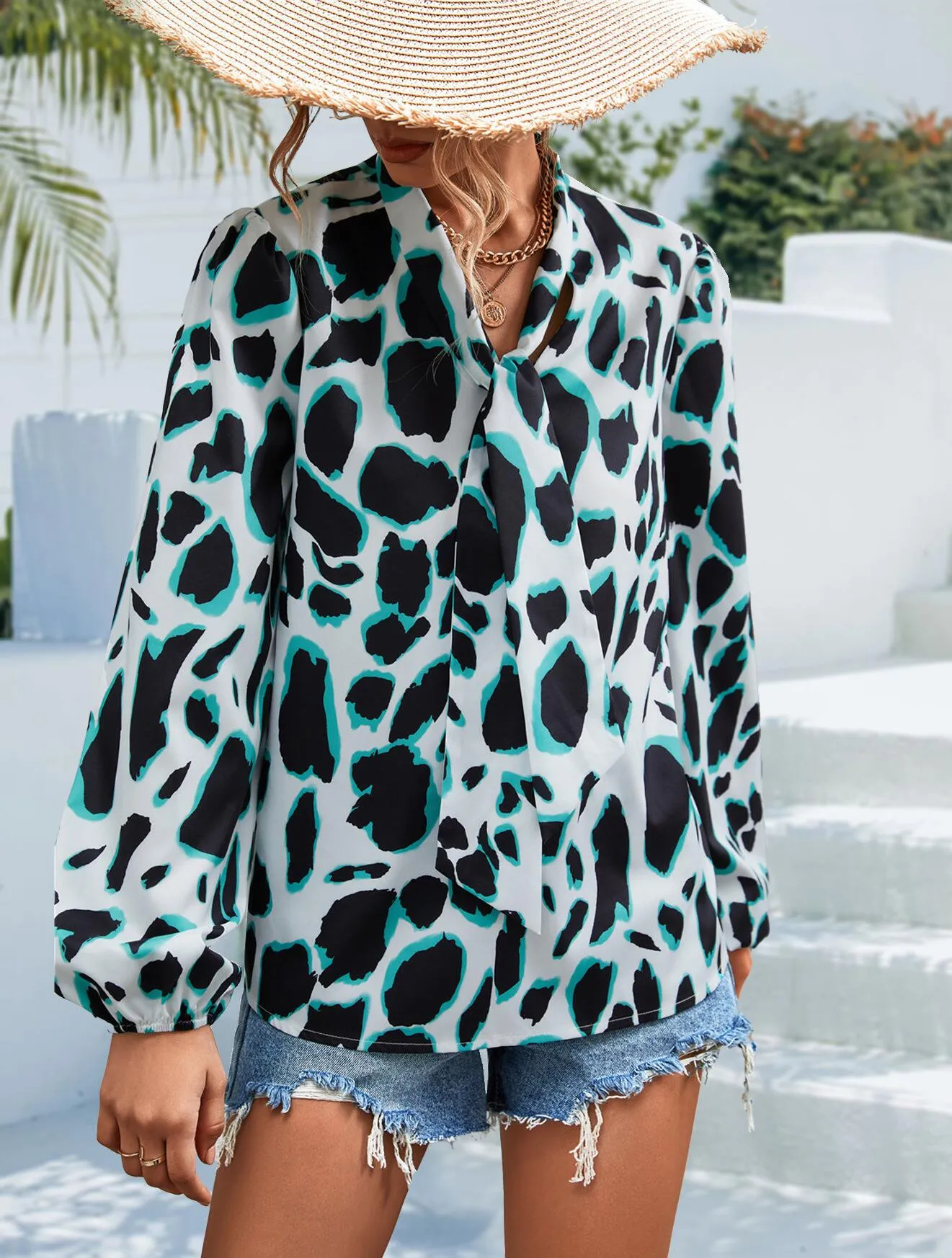 Tie V Neck Long Sleeve Blouse sold by Anna-Kaci