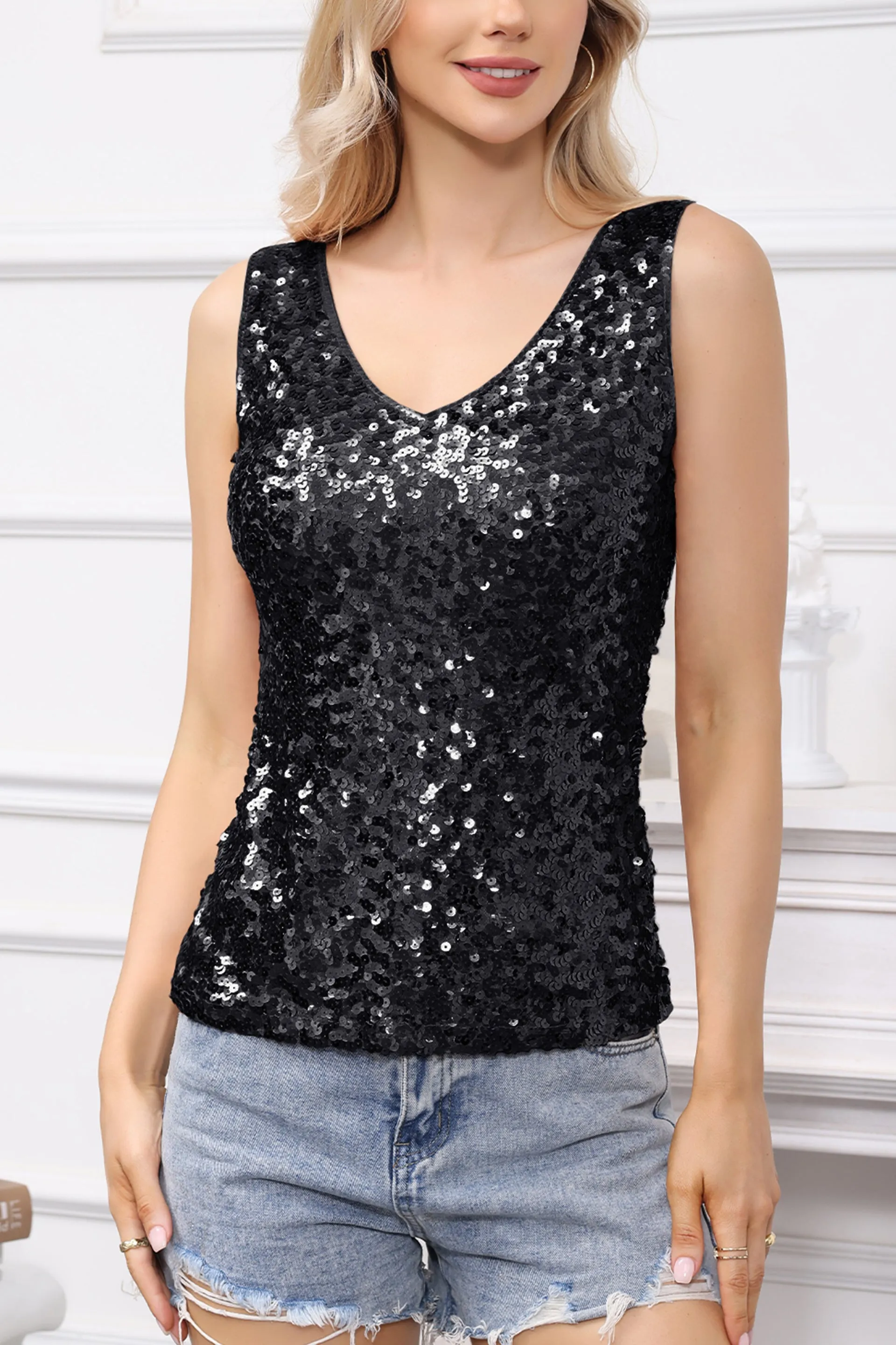 Anna-Kaci Women's Sparkly V-Neck Sequin Tank Tops Sleeveless Sexy Glitter Disco Club Party Vest sold by Anna-Kaci product image thumbnail 3